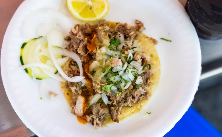 A carnitas taco from Carnitas El Barrio in Los Angeles near the Watts station.