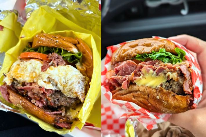(Left) double bacon cheese burger with fried eggs, (Right) bacon cheese burger with pastrami.