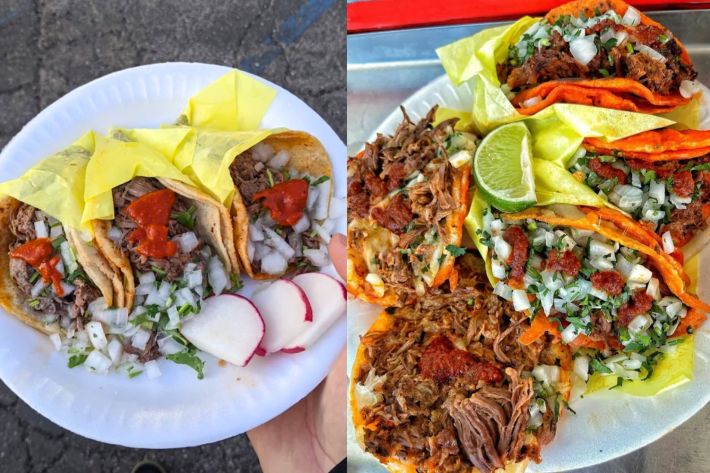 Birria tacos topped with red salsa.