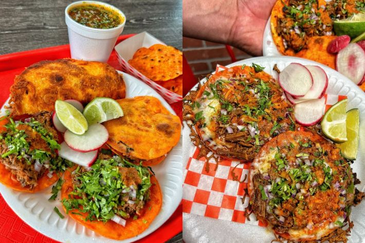 Teddy's famous red tacos, topped with steamy birria, cheese, and it's toppings.